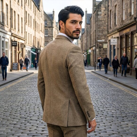 Hybrid Fit Classic Tweed Tan Mens Suit by Sean Alexander - Picture 3 of 7